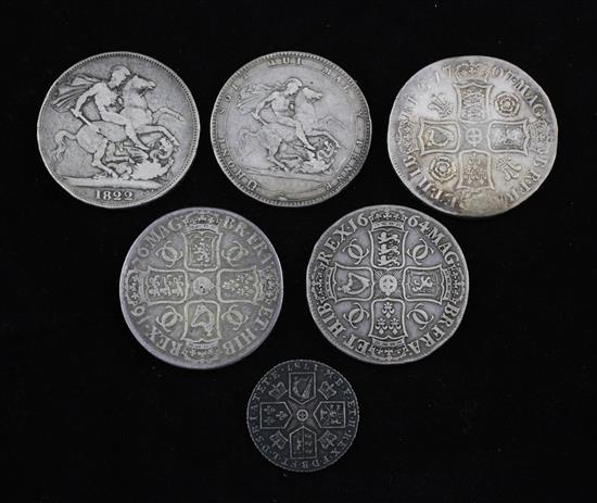 Five English silver crowns, 1707, 1664, 1676, 1819, 1822 & a 1787 shilling.